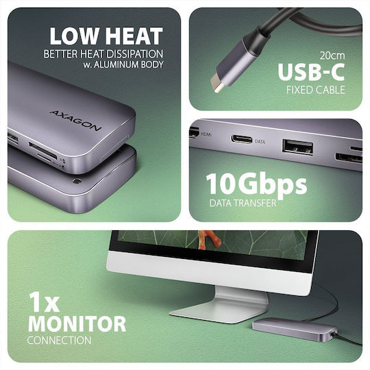 Axagon USB-C Docking Station mit HDMI 4K PD und Verbindung 2 Monitore Gray (HMC-6GM2)