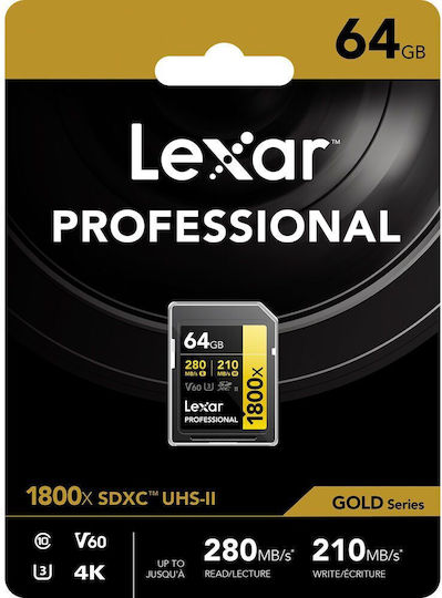 Lexar Professional 1800x SDXC 64GB U3 V60 UHS-II 280MB/s cu adaptor