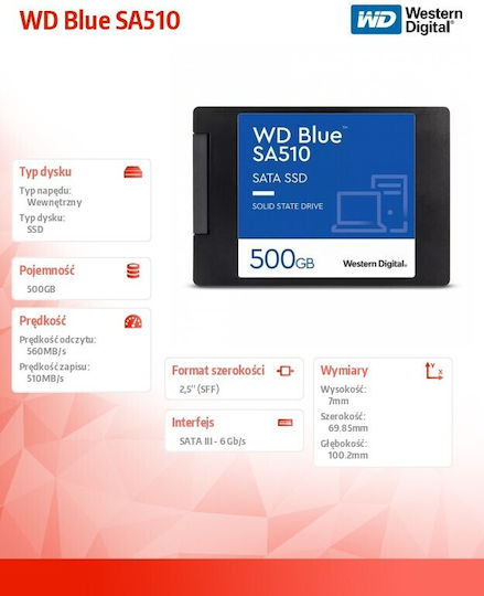 Western Digital SA510 SSD 500GB 2.5'' Type with SATA III Connection WDS500G3B0A