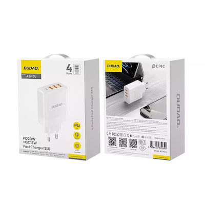 Dudao Charger Without Cable with 3 USB-A Ports and USB-C Port 20W Power Delivery / Quick Charge 3.0 Whites (A5HEU)