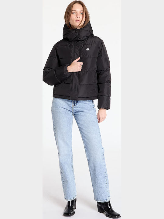 Women's Short Puffer Jacket for Winter with Hood Black