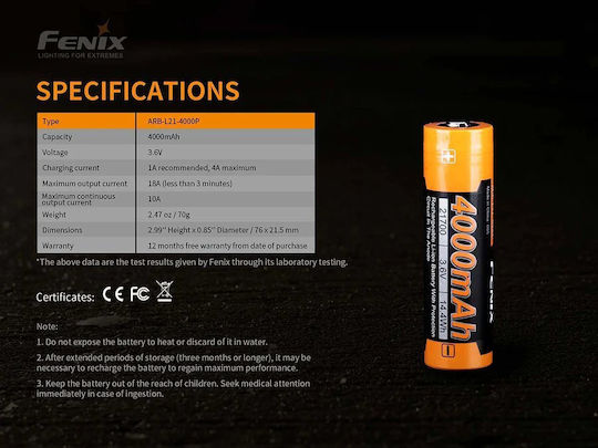 Fenix ARB-L21 Wiederaufladbare Batterie 21700 Li-Ion 4000mAh 3.6V 1Stück
