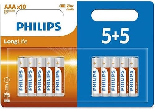 Philips 10 Pack Alkaline Batteries AAA LongLife 1.5V R03L10BP/10