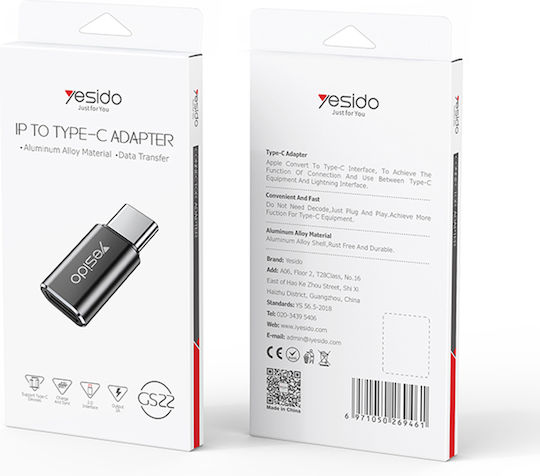 Yesido Μετατροπέας USB-C male σε Lightning female Γκρι 1τμχ