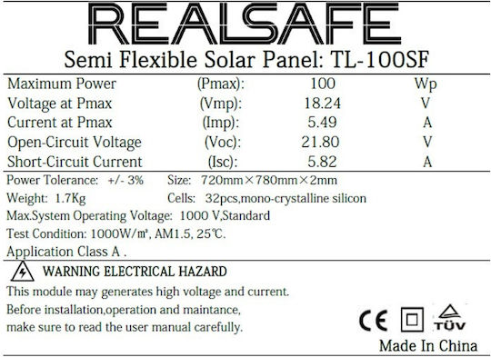 TL-100SF Flexible Monocrystalline Solar Panel 100W 720x780x2mm