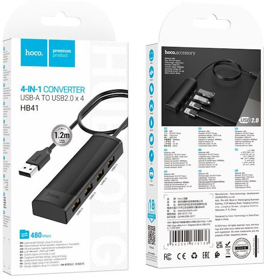 Hoco Hb41 Easy Hub 4 Anschlüsse USB 2.0 mit Anschluss an einen Computer USB-A