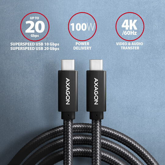 Axagon Braided USB 3.1 Video Cable USB-C Male - USB-C 100W PD Black 1m BUCM32-CM10AB