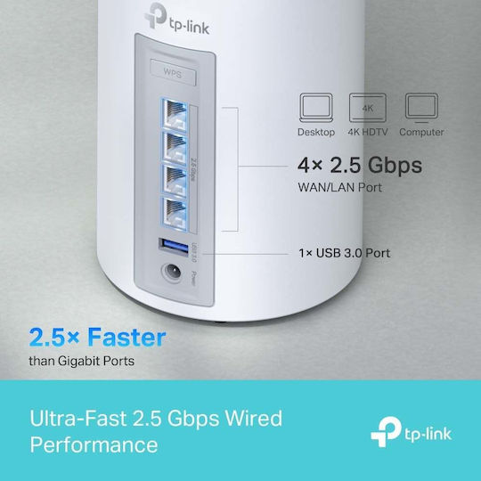 TP-LINK Deco BE65 BE9300 v1 Точка за достъп с Mesh Wi-Fi 7 Трибандов (2.4 и 5 и 6GHz) Единичен комплект