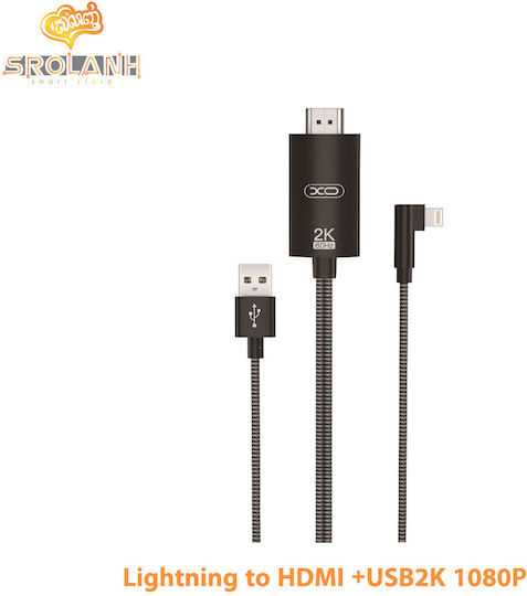 XO Braided Cable HDMI male - Lightning male / USB-A male 1.8m Black