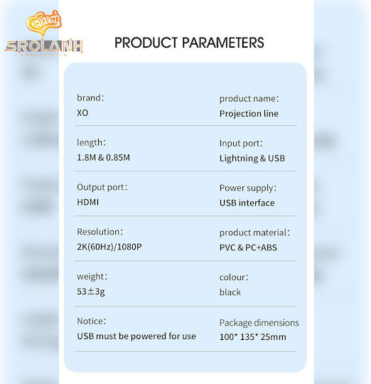 XO Braided Cable HDMI male - Lightning male / USB-A male 1.8m Black