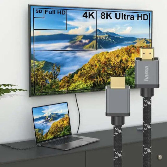 HAMA Cablu Braided Ultra High Speed HDMI 2.1 Ultra High Speed 48Gbps 4K 120Hz HDR VRR HDMI De Sex Masculin - HDMI De Sex Masculin 1m Negru
