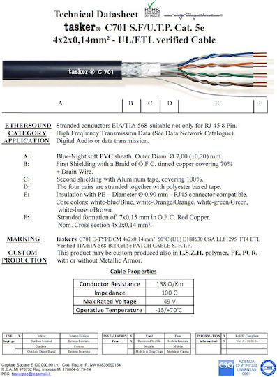 Tasker SF/UTP Cat.5e (Gigabit) Καλώδιο Δικτύου Ethernet χωρίς ακροδέκτες 100m Μπλε