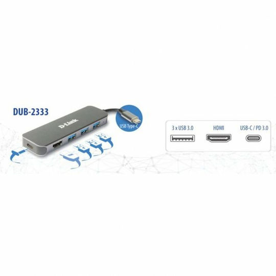 D-Link USB-C Докинг станция с HDMI 4K PD Сив (DUB-2333)