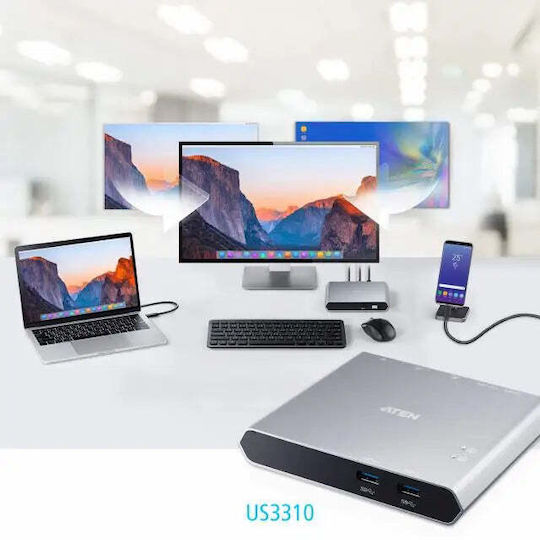 Aten USB-C Докинг Станция с HDMI 4K PD и Свързване на 2 Монитора Сребриста (US3310)