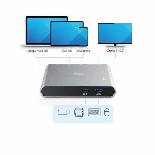 Aten USB-C Докинг Станция с HDMI 4K PD и Свързване на 2 Монитора Сребриста (US3310)