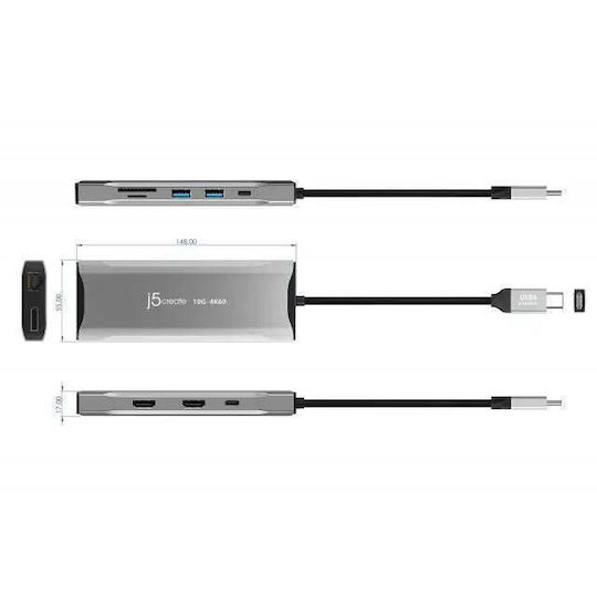 J5 Create USB-C Докинг станция с HDMI/DisplayPort 4K PD Етърнет Сив (JCD397-N)