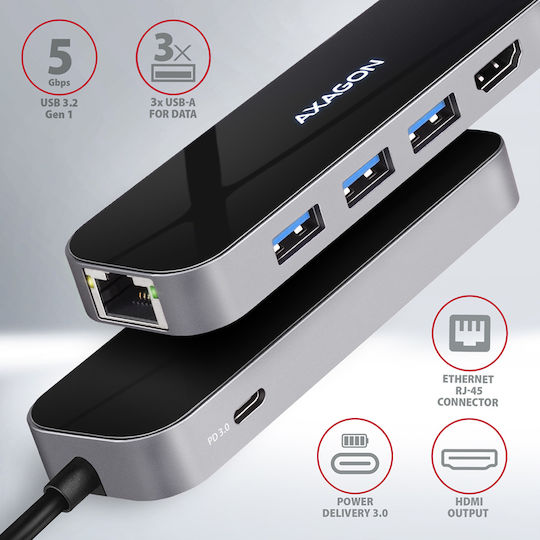 Axagon USB-C Docking Station mit HDMI 4K PD Ethernet Schwarz (HMC-6GL)