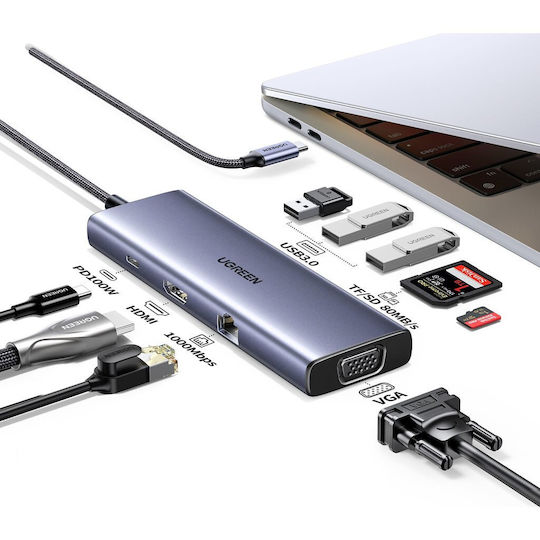 Ugreen CM498 USB-C Docking Station mit HDMI 4K PD Ethernet und Verbindung 2 Monitore Blau