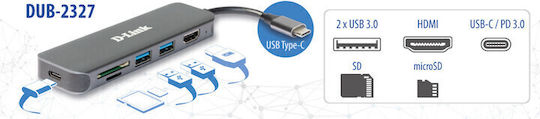 D-Link USB-C Docking Station με HDMI 4K PD Γκρι (DUB-2327)