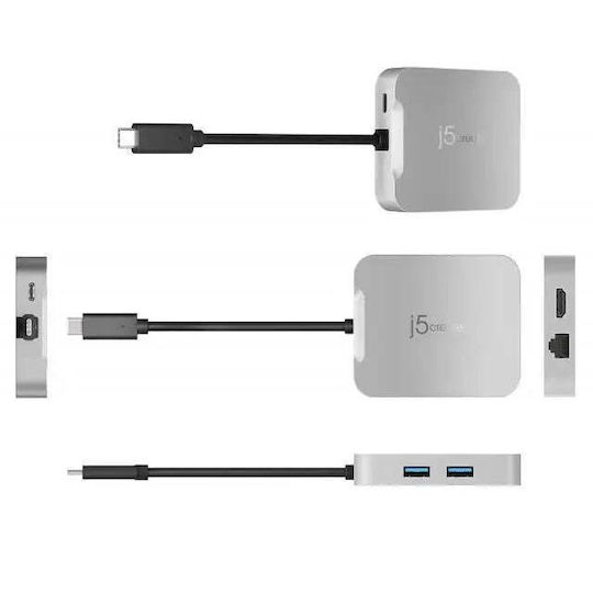 J5 Create USB-C Docking Station με HDMI 4K PD Ethernet Ασημί (JCD391-N)