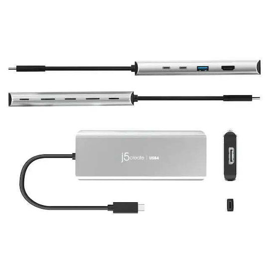 J5create USB-C Docking Station με HDMI/DisplayPort 4K PD και σύνδεση 2 Οθονών Ασημί (JCD401)