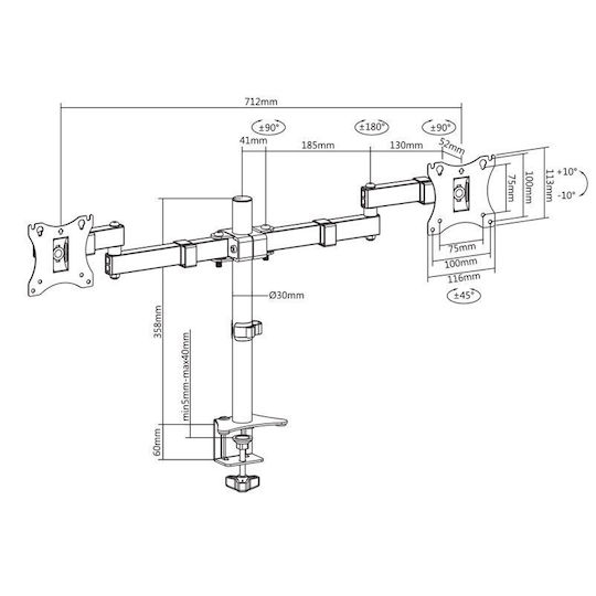Brateck LDT24-C024 Desktop Stand for 2 Monitors up to 27" with Arm