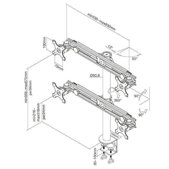 Newstar Stand Desk Mounted for 4 Monitors up to 30" with Arm (FPMA-D700D4)
