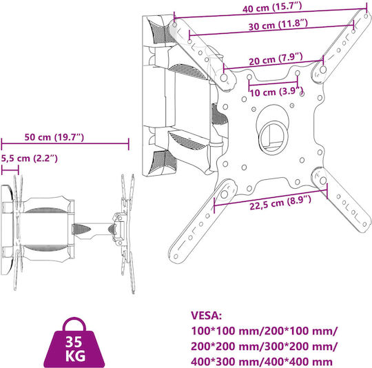 vidaXL 379571 Βάση Τηλεόρασης Τοίχου με Βραχίονα έως 55" Μαύρο