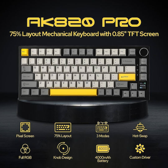 Ajazz AK820 Pro Hot-Swap Ασύρματο Gaming Μηχανικό Πληκτρολόγιο 75% με Ajazz Gift διακόπτες και RGB φωτισμό (Αγγλικό US) Γκρι