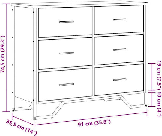 Wooden Chest of Drawers with 6 Drawers Black 91x35.5x74.5cm