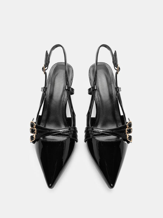 Luigi Synthetic Leather Pointed Toe Black Medium Heels with Strap