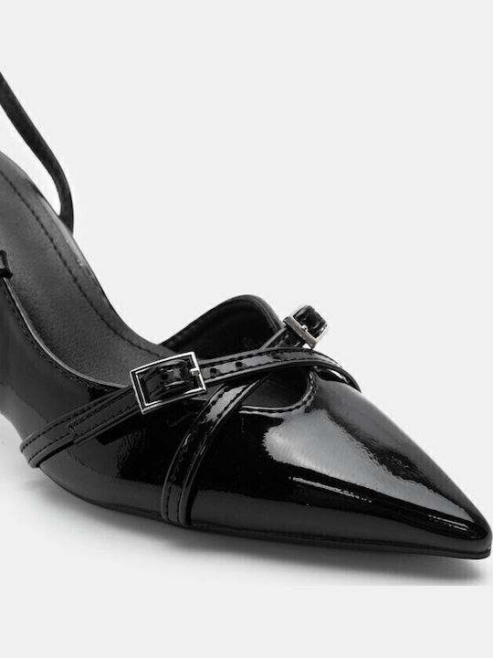 Synthetic Leather Pointed Toe Black High Heels with Strap