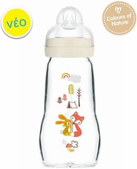 Mam Glass Baby Bottle Feel Good Anti-Colic with Silicone Nipple for 2+ months Beige Fox - Cream 260ml