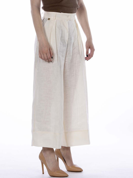 Manila Grace Women's High-waisted Linen Trousers in Palazzo Fit Ecru