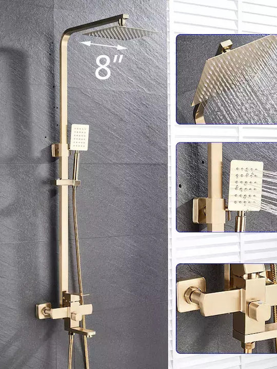 Set de duș combinat aurit periat cu cap de ploaie de 8 inch, robinet mixer montat pe perete, 8 inch