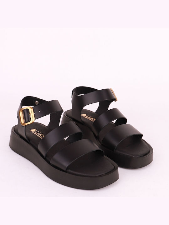 Lia's Leather Women's Flat Sandals with Strap in Black Color