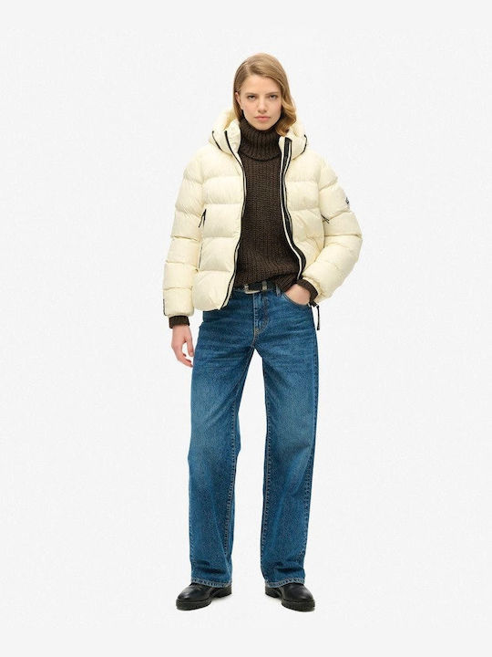 Superdry Women's Short Puffer Jacket for Winter with Hood Ecru