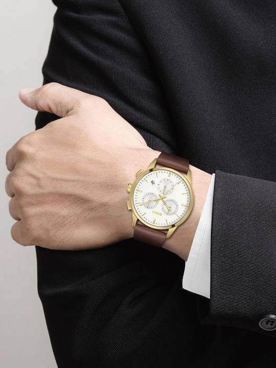 Boss Dapper Ceas Barbati 43mm Cronograf Baterie cu Curea din Piele Maro