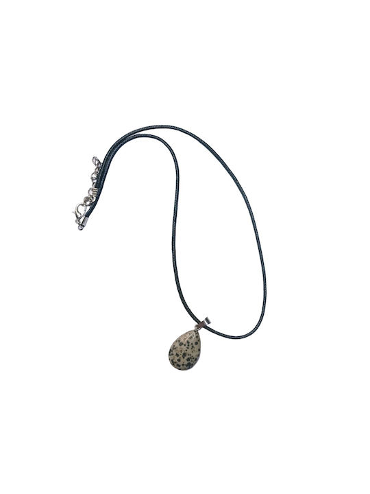 Necklace with Open Black Leatherette Cord, Semi-Precious Dalmatian Jasper Stone