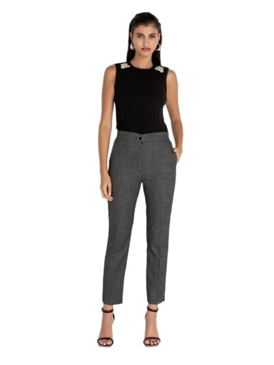 Damen Hoch tailliert Stoff Hose in Geradem Schnitt Schwarz