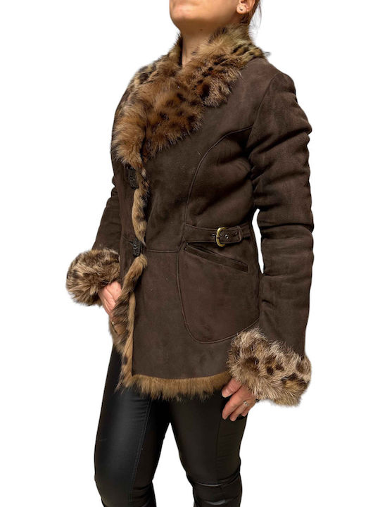Mouton Damen Braun Mantel mit Fellbesatz