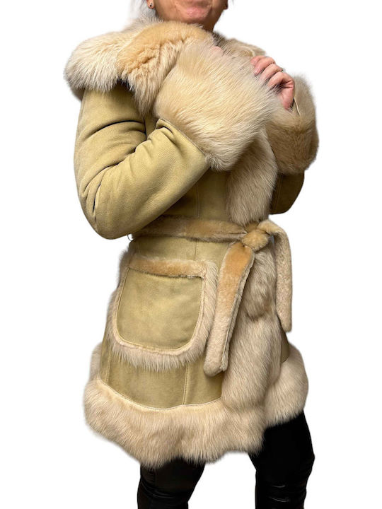 Mouton Women's Beige Coat with Fur Details