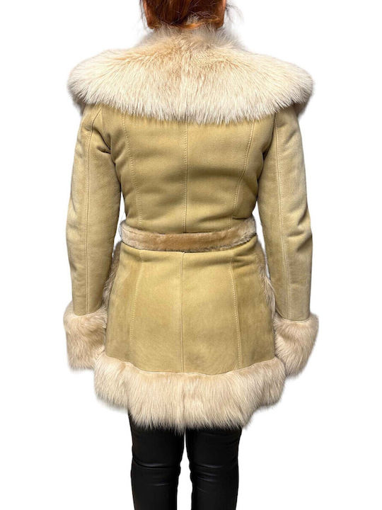 Mouton Women's Beige Coat with Fur Details