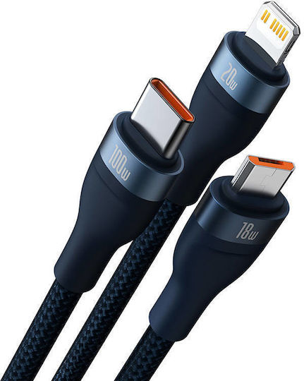 Baseus Flash Series II Braided USB to Lightning / Type-C / micro USB Cable Μπλε 1.5m (CASS030203)