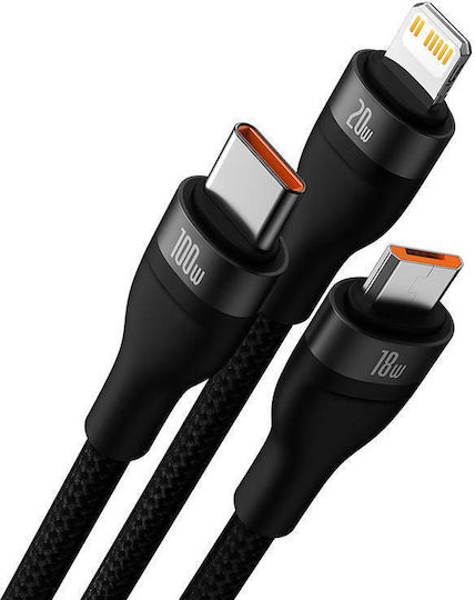 Baseus Flash Series II Braided USB to Lightning / Type-C / micro USB Cable Μαύρο 1.5m (CASS030201)