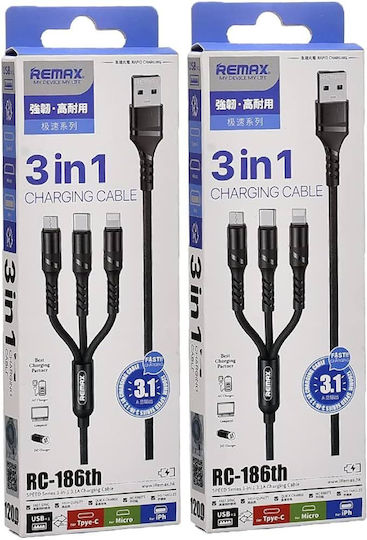 Remax RC-186th Braided USB to Lightning / Type-C / micro USB Cable 3.1A Μαύρο 1.2m