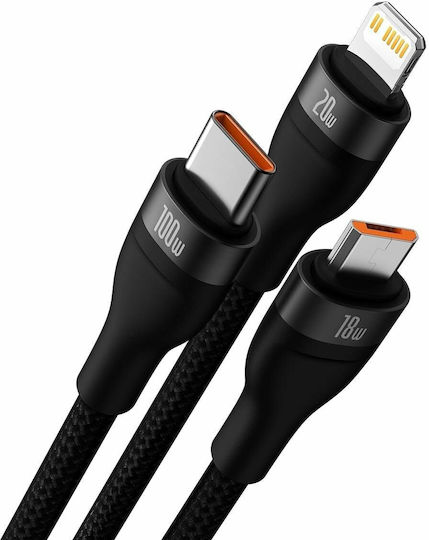 Baseus Flash Series II Braided USB to micro USB / Type-C / Lightning Cable Μαύρο 1.2m (CASS030101)