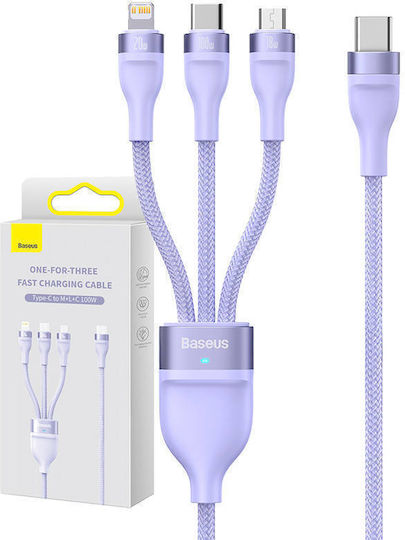 Baseus Flash Series II Braided USB to micro USB / Lightning / Type-C Cable Μωβ 1.5m (CASS030205)