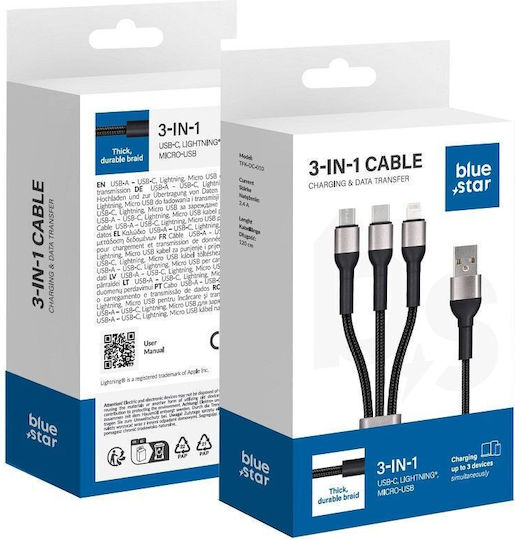 Blue Star Плетена USB към Lightning / Type-C / micro USB Кабел 3Спецификация Черен 1.2м (594886)