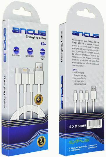 Ancus Flow E44 Regular USB to Lightning / Type-C / micro USB Cable 3A Λευκό 1m